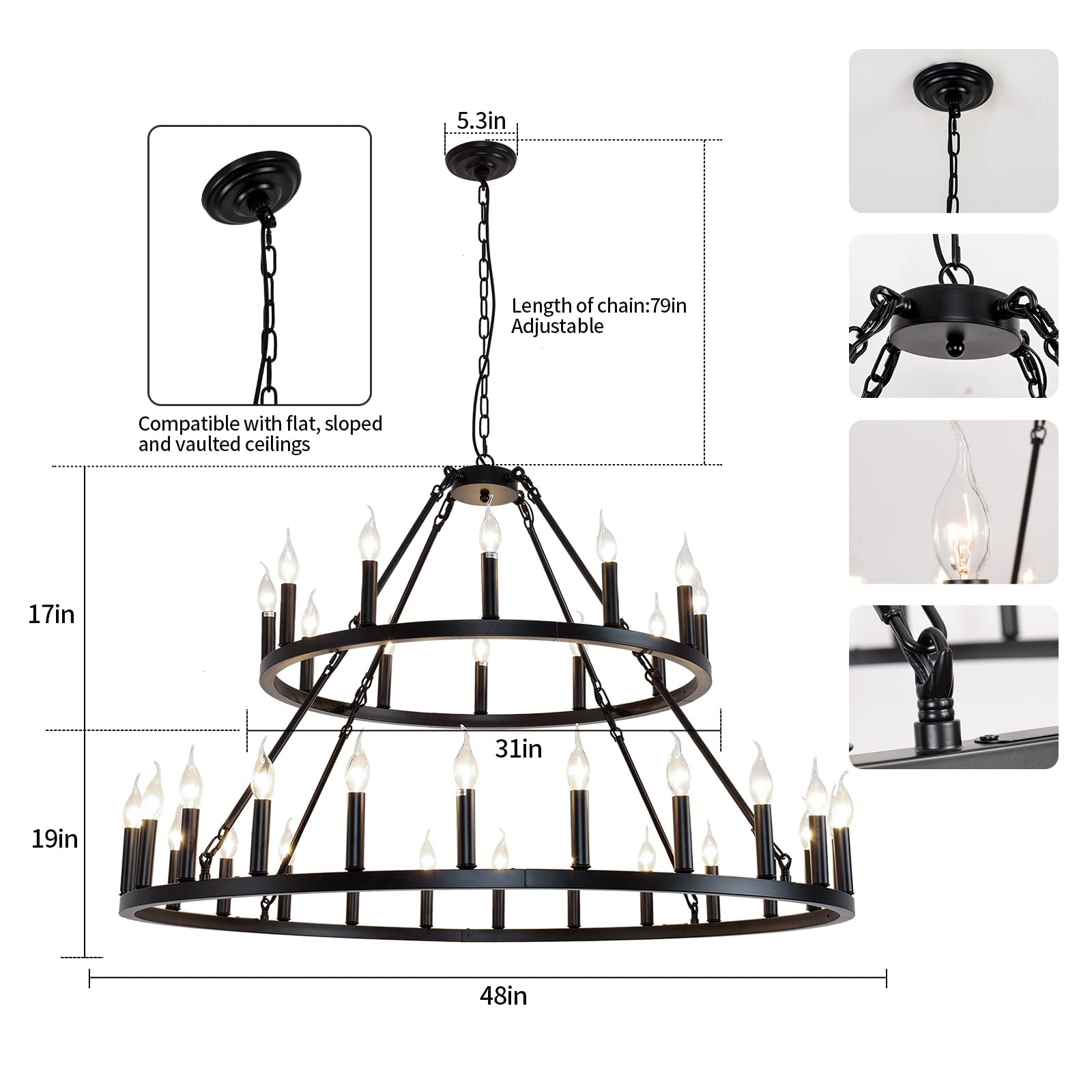 WOGON WEEL Wagon Wheel Chandelier 2 Tier 36-Light 48-inch, Black Farmhouse Industrial Chandelier Rustic Candle Pendant Light Extra Large for High Ceilings, Living Room Foyer