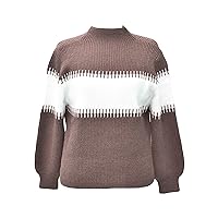 Women Turtleneck Balloon Long Sleeve Sweaters Loose Knitted Jumper Outerwear Casual Oversized Color Block Pullover Top