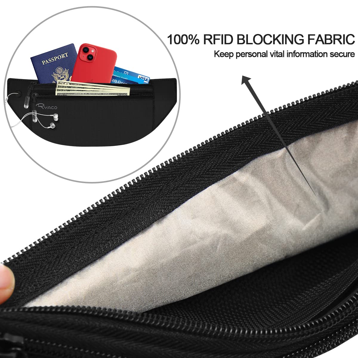 Travel Money Belt for Women Men Hidden RFID Blocking , Secure Waterproof Waist Pouch (Black)