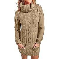 Midi Dresses for Women Casual,Ladies Slim Fit Long Sleeve Pleated Turtleneck Round Neck Knit Sweater Dress Fall