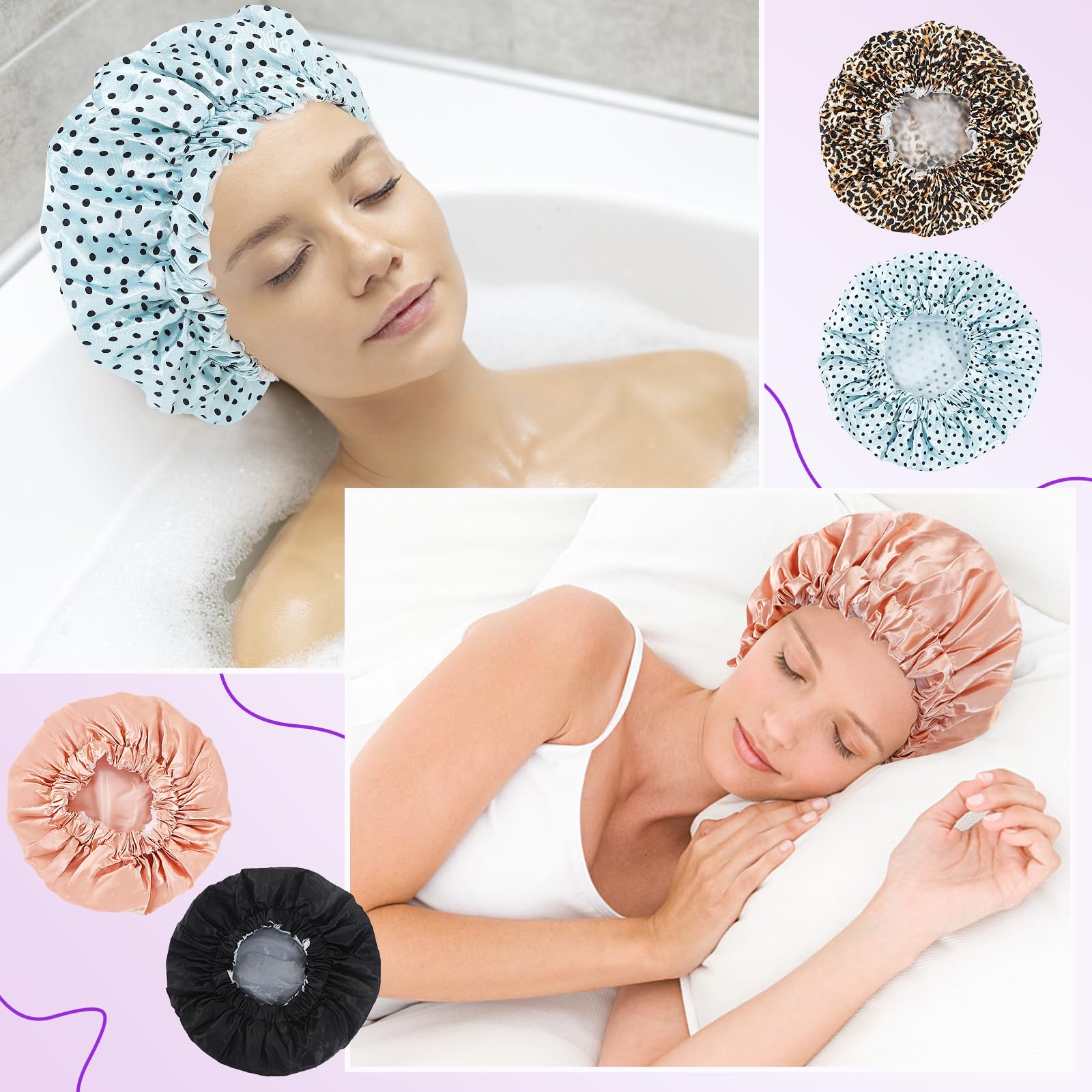 4 Pack Shower Caps for Women Reusable Waterproof, Double Protection Layer Satin shower Cap, Eco-Friendly Elastic Bath Hair Cap for Shower with a Toiletry Bag