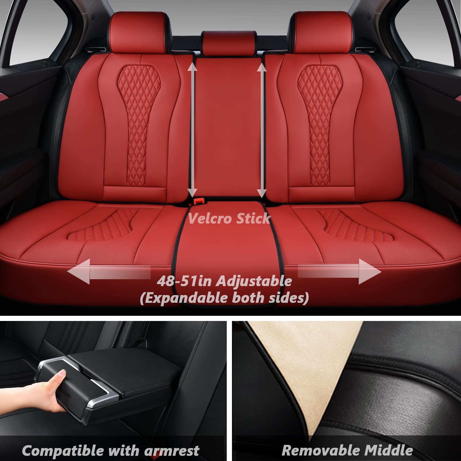 Coverado Seat Covers Full Set, 5 Seats Universal Seat Covers for Cars, Waterproof Luxury Leatherette Seat Cushions, Front and Rear Seat Protectors, Auto Seat Covers Fit for Most Vehicles Red