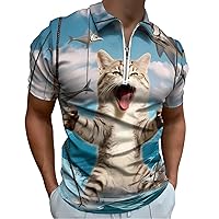 Roaring Cat,Fish,Ocean Men's Zippered Polo Shirts Short Sleeve Golf T-Shirt Regular Fit Casual Tees