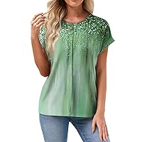 Boho Tops for Women 2024 Print Fashion Pretty Casual Loose Fit with Short Sleeve Round Neck Ruched Shirts