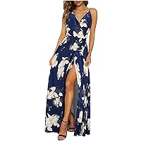 Women's Dress Swing Casual Loose-Fitting Summer Sleeveless Long Foral Print Hawai Flowy V-Neck Glamorous Beach Blue