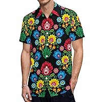 Polish Folk Art Floral Pattern Men's Short Sleeve Shirt Casual Loose Button Down Shirts for Work Beach Vacation