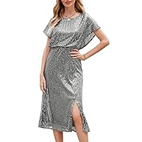 JASAMBAC Sequin Dress for Women Crew Neck Short Sleeve Sparkly Glitter Dresses Slit Elastic Waist Cocktail Party Club Dress