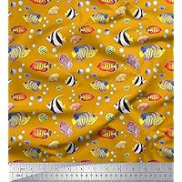 Soimoi Cotton Poplin Gold Fabric - by The Yard - 42 Inch Wide - Bubbles, Shell & Fish Ocean Fabric - Whimsical Underwater Fusion with Bubbles, Shell, and Fish for Various Projects Printed Fabric