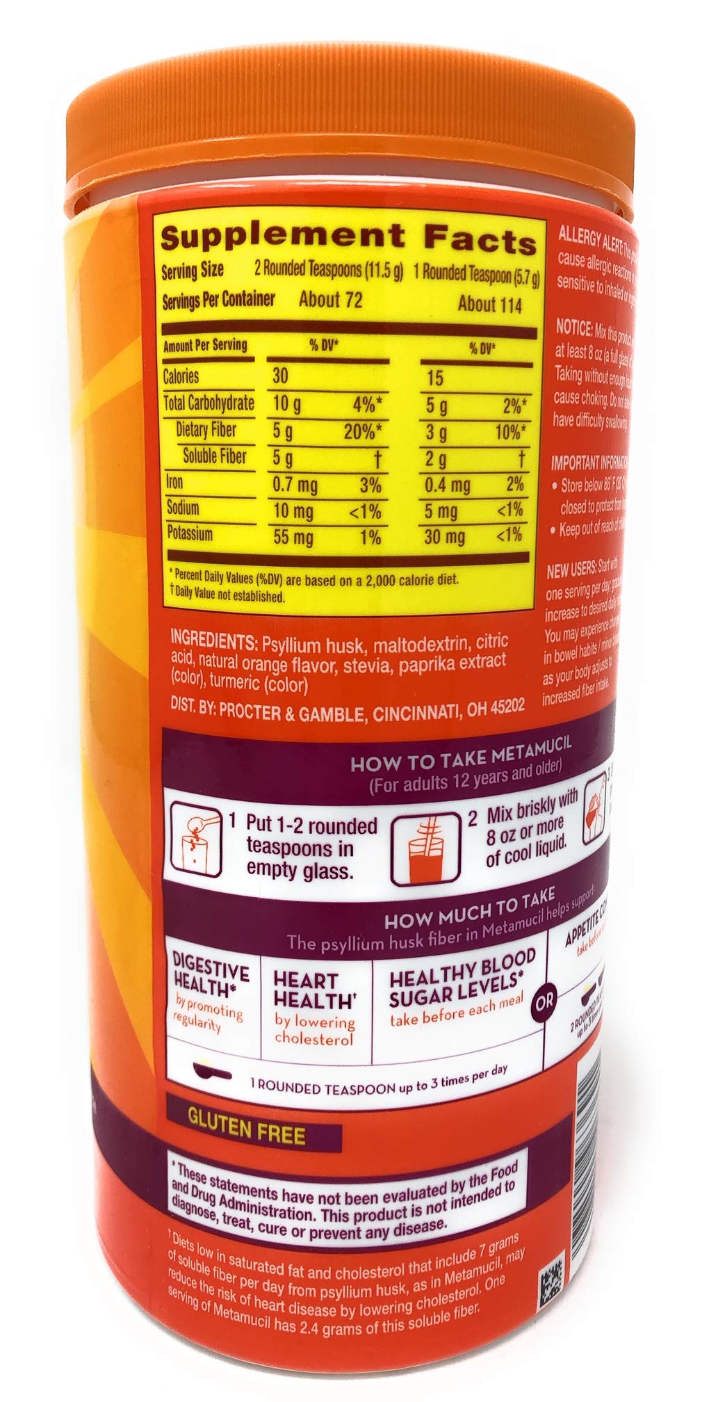 Metamucil Premium Blend Sugar Free Fiber, 114 Servings, Psyllium Husk Fiber Powder Supplement, with Stevia, Natural Orange Flavor 23.1 oz
