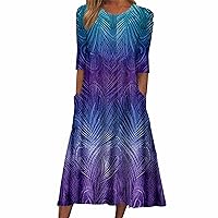 Long Sundresses for Women 2024 Plus, Women's Trend Positioning Printing Round Neck 5/4 Sleeve Pocket Dress Dre
