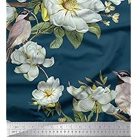 Soimoi Cotton Poplin Blue Fabric - by The Yard - 56 Inch Wide - Leaves, White Floral & Bird Textile - Botanical Harmony with Elegant Florals and Whimsical Birds Printed Fabric