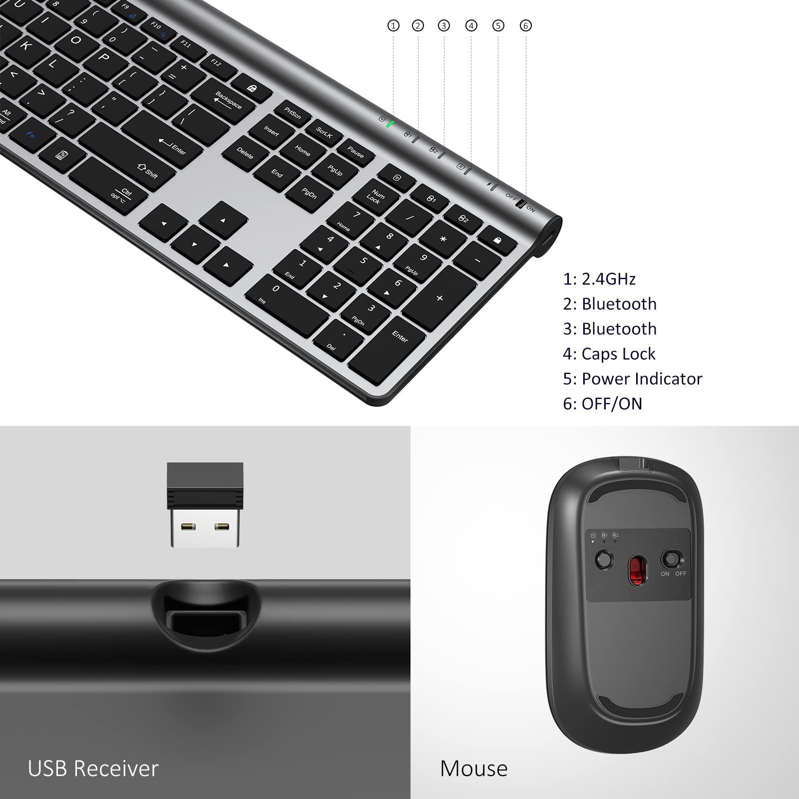 Wireless Keyboard and Mouse Combo, CHESONA Bluetooth Rechargeable Full Size Multi-Device (Bluetooth 5.0+3.0+2.4G) Wireless Keyboard Mouse Combo for Mac OS/iOS/Windows/Android (Silver Black)