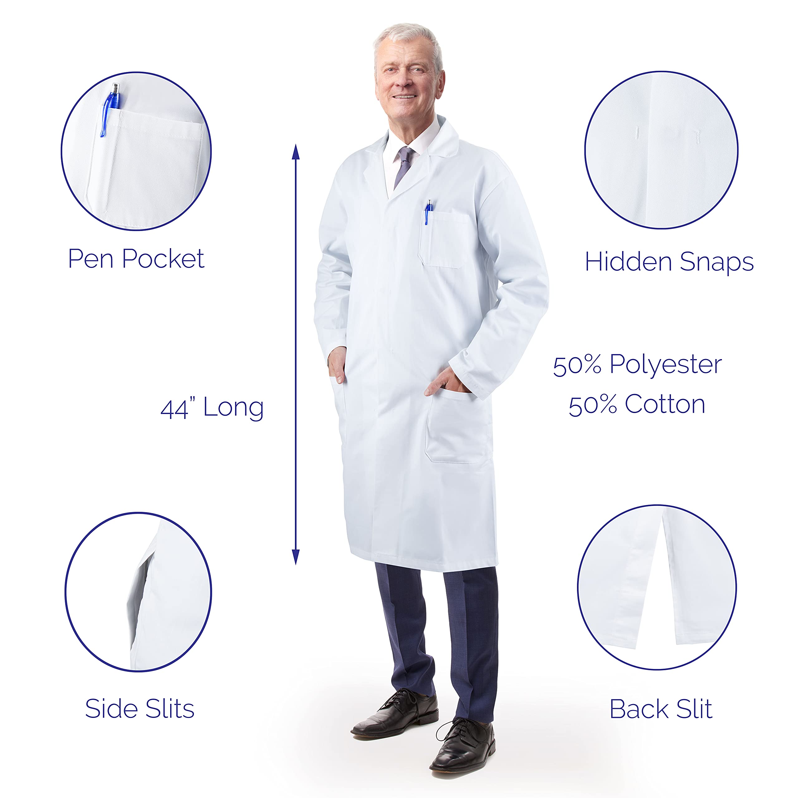 Medvat Premium Non-Iron Cotton White Lab Coat with Hidden Snaps for Adult Men & Women, Doctors & Medical Students, Size S-XL