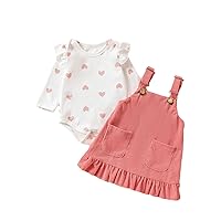Infant Girls Heart Pattern Bodysuits Suspenders Skirt Outfits Long Sleeve Round Neck Jumpsuit Solid Pocket Skirts
