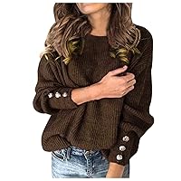 Pullover Sweaters for Women Crewneck Sweater Lantern Sleeve Casual Loose Stretchy Solid Fall Winter Sweaters Tops