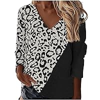 Womens Sexy Leopard Patchwork Shirts Casual V Neck Color Block Long Sleeve Blouses Loose Fitting Tops to Hide Belly