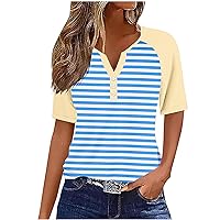 Short Sleeve Tshirt Shirts for Women Vintage Striped Print Button Down Henley Tops Summer Casual Loose Comfy Blouses