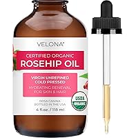 velona Rosehip Oil USDA Certified Organic - 4 oz | 100% Pure and Natural Carrier Oil| Unrefined, Cold Pressed, Hexane Free | Moisturizing Face, Hair, Body, Skin Care, Stretch Marks, Scars…
