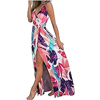 Women's V-Neck Trendy Swing Sleeveless Long Dress Casual Summer Foral Print Hawai Flowy Side Split Beach Dress Purple