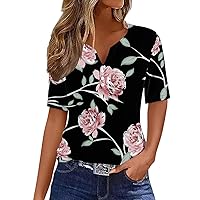 Womens Short Sleeve Tunic Tops Henley Shirt Summer Casual Boho Floral Print T-Shirts Button Up Blouse Casual Tunic