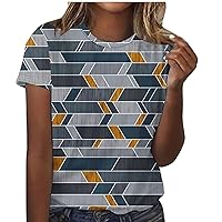 Geometric O-Neck T-Shirt for Womens Summer Casual Tops Classic Style Short Sleeve Tunic Top Cute Shirt Dressy Blouses