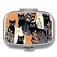 Pill Box Square Pill Case for Purse & Pocket Portable Mini Cat Silhouette Pill Organizer with 2 Compartment Cute Pill Container Holder Travel Pillbox to Hold Vitamins Medication Fish Oil