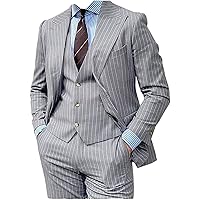 Mens Suit Slim Fit 3 Pieces Formal Pinstripe Suits One Button Wedding Groom Tuxedos (Blazer+Vest+Pants)