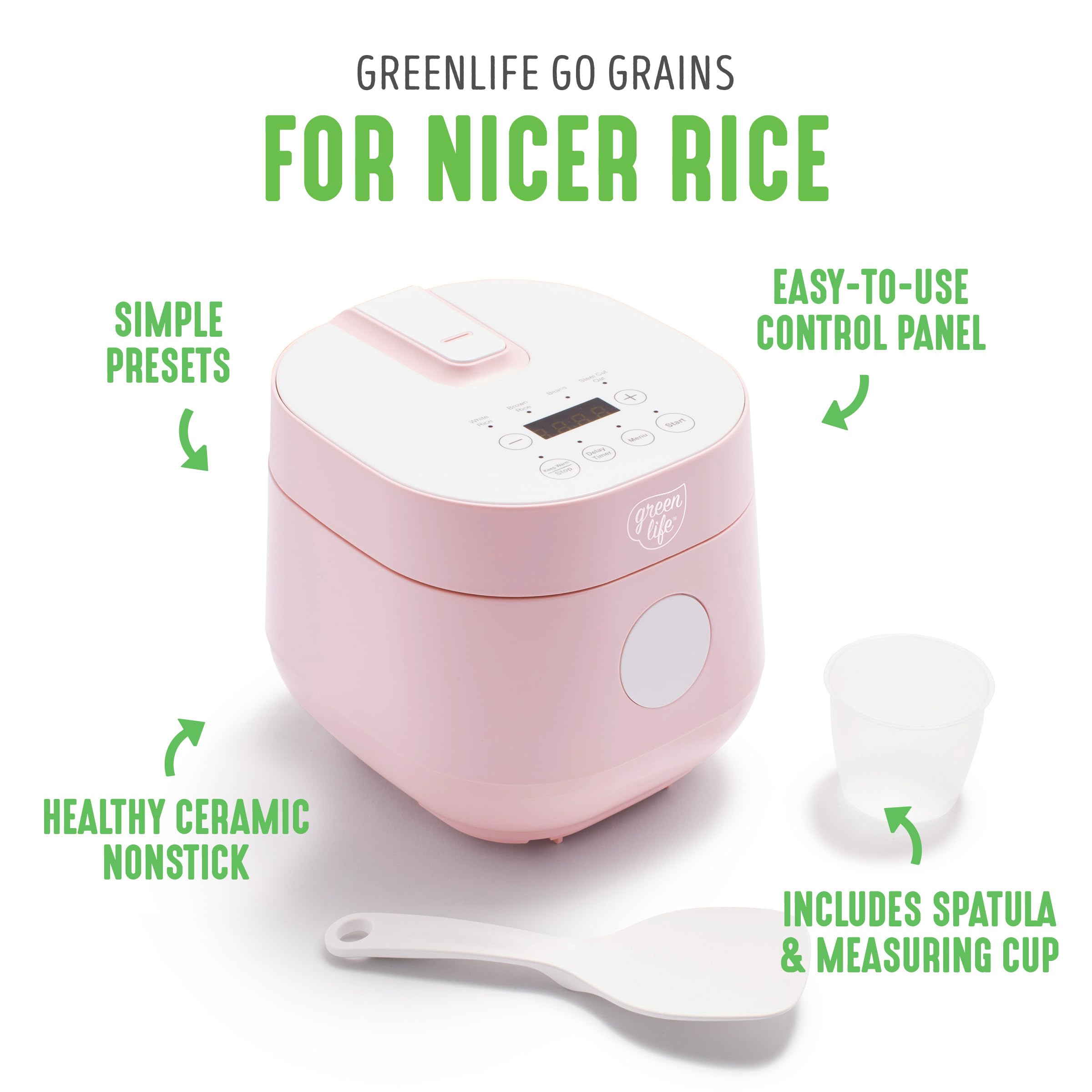 GreenLife Healthy Ceramic Nonstick 4-Cup Rice Beans Oats and Grains Cooker, PFAS-Free, Dishwasher Safe Parts, Pink