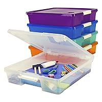Storex Classroom Craft Project Box – Stacking Plastic Organizer Fits 12x12 Scrapbooking Paper, Assorted STEAM Colors, 5-Pack (63202C05C)