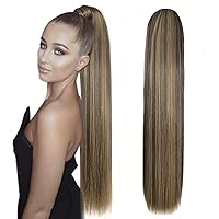 Fashion Icon Long Blonde Ponytail Extensions Drawstring Straight Clip in Hair Extension Ponytail For Women 30Inch Synthetic Hairpiece (#P4/27, Piano Medium Brown and Honey Blonde 6.7OZ)