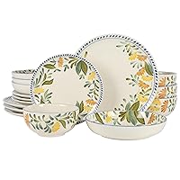 Oprah's Favorite Things - Posy Blossom Double Bowl Hand Painted Stoneware Plates and Bowls Floral Dinnerware Set, Service for Four (16pcs)
