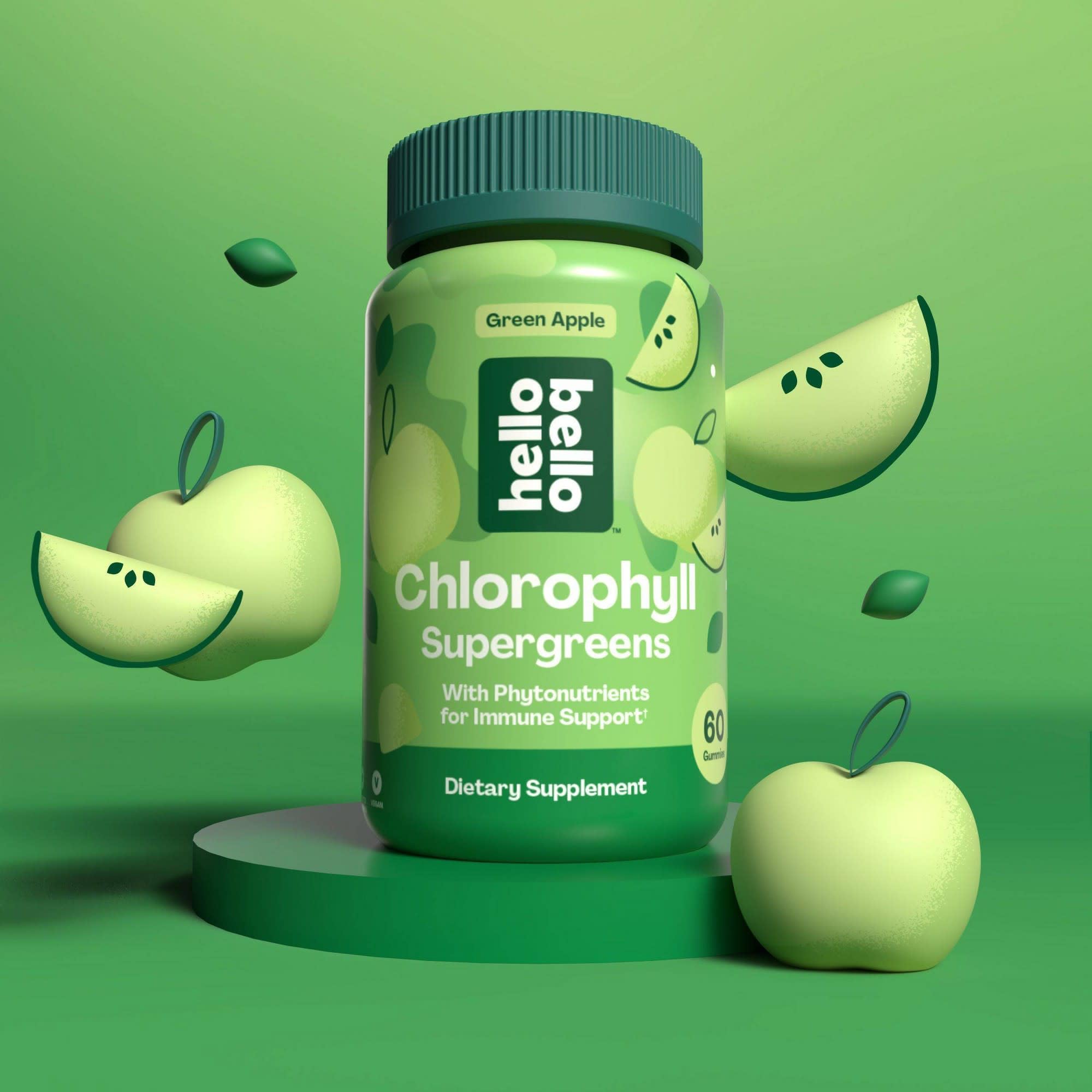Hello Bello Chlorophyll Supergreens Gummy Vitamins - Vegan Super Greens Blend with Phytonutrients and Plant Sterols - Green Apple Flavor - 30 Servings (60 Count Bottle) (Pack of 2)