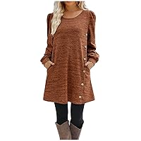 Women's Casual Dresses Fashion Round Neck Solid Color Button Long Sleeve Casual Loose Dress