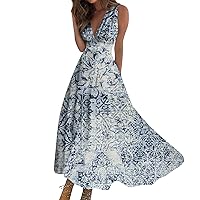 Summer Dresses for Women 2024 Trendy Boho Floral Print V Neck Sleeveless Sundresses Elegant Flowy Maxi Party Dress