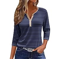 Tops for Women Trendy 3/4 Sleeve 3/4 Length Sleeve Womens Tops Stripped Pattern Y2k Casual Fashion Trendy with Henley Collar Tunic Blouses Navy 3X-Large