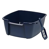 USA Jumbo Open Top Cat Litter Box with Scoop, Sturdy Comfortable Easy to Clean Open Air Rabbit Kitty Litter Pan with High Sided Walls, Navy