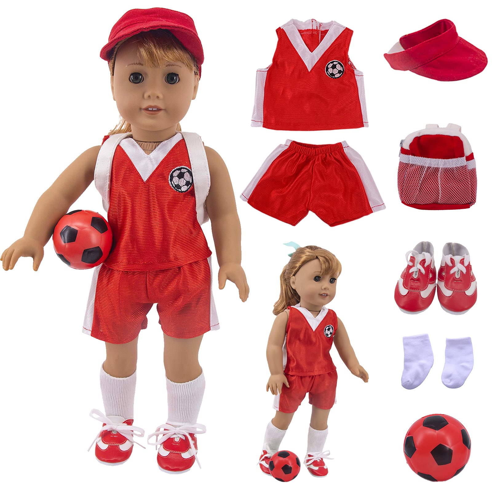 ZWSISU 7 PCS 18 Inch Doll Clothes Fashion Accessories Including Clothes, Shoes, Socks, Hat, Backpack, and a Ball for 18 Inch Doll&43CM Reborn Baby New Born Doll (Red) Not Include Doll
