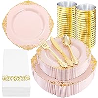 Nervure 350PCS Pink and Gold Plastic Plates - Pink Plastic Dinnerware Sets for 50 Guests - 100 Pink Disposable Plates, 150 Gold Plastic Silverware, 50 Cups, 50 Napkins for Wedding & Easter Party
