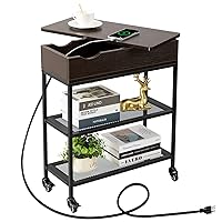 Hadulcet End Table with Charging Station, Couch End Tables Rotating Top Skinny Nightstand with Outlet for Living Room Bedroom Black Walnut