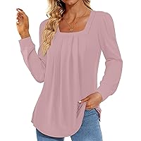 Funlingo 2024 Women's Long Sleeve Tops Dressy Pleated Square Neck Tunic Blouses Casual Loose Shirts
