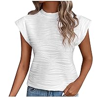 Women's Casual Round Neck Basic Pleated Top Cap Sleeve Curved Keyhole Back Chiffon Blouse Tops