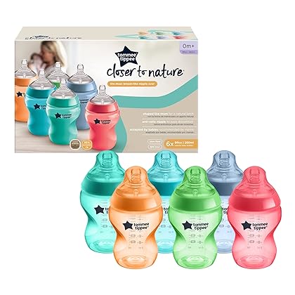 Tommee Tippee Closer To Nature Baby Bottles, Fiesta Collection Slow Flow Breast-Like Nipple With Anti-Colic Valve (9oz, 6 Count)