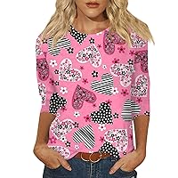Omens Tops 3/4 Sleeve Heart Slim Valentines Day W Cute Tops Crewneck Slim Fit Tshirts Shirts Spring Blouse