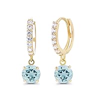 Solid 14K Gold 5x17mm Genuine Birthstone Dangling Huggie Earrings For Women | 5mm Round Birthstone | 1mm Created White Sapphire Pave Dangle Earrings For Women