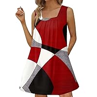 Mini Dresses for Women 2024, Womens Casual Square Neck Sleeveless Pleated Tank Print Beach Dress, S, 3XL