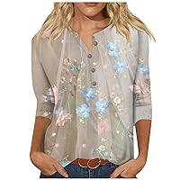 Floral Printed Button Shirts 3/4 Length Sleeve Womens Tops Tees Blouses 2024 Summer Trendy T Shirts for Women
