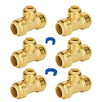 SUNGATOR 3/4 Inch x 3/4 Inch x 1/2 Inch Reducing Tee, No Lead Brass Push to Connect Plumbing Fittings to Connect PEX, Copper, CPVC, With 2 Disconnect Clips, Pack of 6
