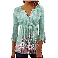 Womens Summer Tops 2023 Trendy Bell 3/4 Sleeve Button V Neck Retro Floral Print Pleated Shirts Blouse Tunic Tops
