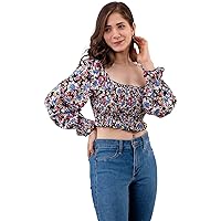 Women's Full Sleeve Square Neck Floral Printed Crop Top