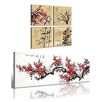 JiazuGo Asian Decor Chinese Painting Wall Art Oriental Red Plum Blossom Canvas Pictures for Bedroom Aesthetic Wall Decorations for Living Room